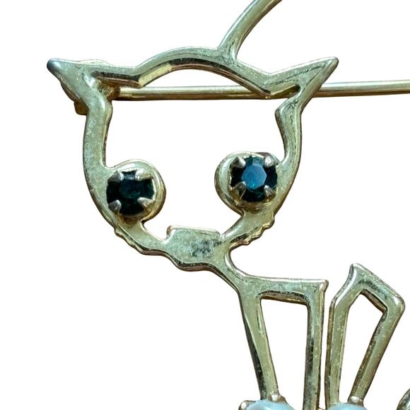 Halloween Scared Cat Brooch Gold Tone Pearl Beads Rhinestone Eyes Novelty Pin - Picture 2 of 5